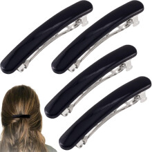 VARMDUKKE 4 PCS Small French Hair Barrettes, 2.48 Inch Oval Curved Black Hair Clip for Women, Black Glossy Flat Rectangle Hair Accessories for Thin, T