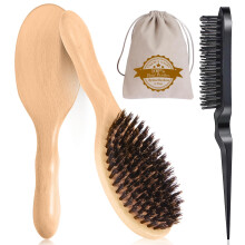 Boar Bristle Hair Brush, 100% Pure Boar Bristles Natural Wooden Slick Back Hairbrush Detangling Women Men Kids Thin Fine Hair, Reduce Frizz Smooth & S