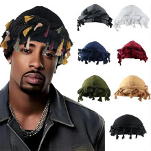 Gturytr Turban for Men Vintage Twist Head Wraps Durag Satin Lined Halo Turban for Women Modal and Satin Scarf Tie (Black With Colorful Tassel)
