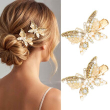 BARTOSI Butterfly Hair Clips Gold Fancy Hair Clip Rhinestone Butterfly Hair Accessories for Women and Girls (Pack of 2)