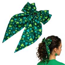 YUARIML St Patricks Day Shamrock Hair Bows for Women, Green Long Tail Ribbon Barrettes and Festive Hair Clips