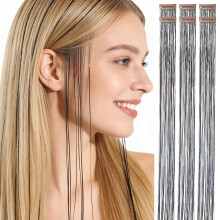 HANDWIG Schwarze Haartinsel Clip ins, 24 Zoll 75 Stränge Hitzebeständige Glitzer Haarverlängerungen, 6 Packs