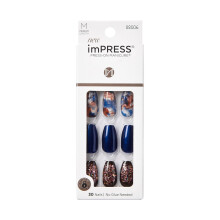imPRESS Press-On Manicure Valse Nagels, Indigo Herfst - Middellange Lengte, Coffin Vorm, Glitter Mani
