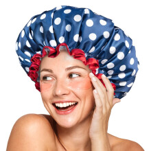 mikimini Shower Cap Reusable Waterproof for Women, Large Shower Cap for Long Hair with Elastic Band - Double-Layer Hair Cap with Classic Polka Dot Pri
