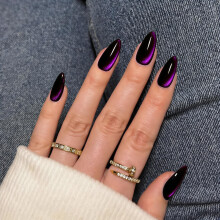 SXVME 30 Stück Glitzer Katzenauge Lila Schwarz Press on Nägel Mandel Mittel - Stiletto Kunstnägel
