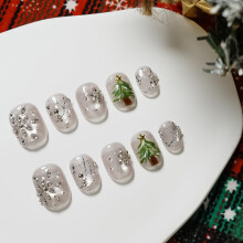 Tesytto Handgemaakte Zilveren Glitter Nepnagels Korte Coffin - Luxe 3D Kristalstenen & Ster Ontwerp