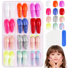 Jsiallye 288 Stück Drucknägel für Mädchen, 12 Farben Kinder Fake Nail Set, kurze Drucknägel für 7-12 Jahre