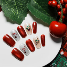 Tesytto Handgemaakte Rode Kat Oog Press on Nagels Korte Coffin - Luxe Coquette Strik Ontwerp, Blauwe Glitter & Rode Ombre Nepnagels (Feest Wensen,M)