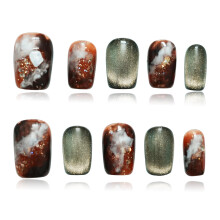 Tesytto Mörkgrön Cat Eye Kort Press On Naglar Coffin, Vattenfärg Marmor Ombre med Amber Glitter, Handgjorda 3D Naglar