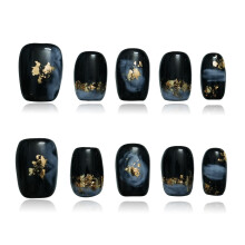 Tesytto Kurze Coffin Press-On Nägel - Handgemachte Schwarze Fake Nails mit Blauen Ombre Glitzer Goldfolie