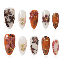 Tesytto Amandel Press-on Nagels Handgemaakt - 3D Witte Bloem & Caramel Oranje Glanzend Ontwerp, Luxe Herbruikbare Valse Nagels