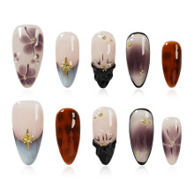 Tesytto Uñas Postizas 3D Florales Almendra Media - Hechas a Mano en Gradiente Nude Marrón, Encantos Dorados Lujo