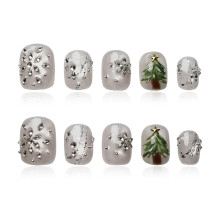 Tesytto Winter Bling Press on Nails Korte Coffin Handgemaakte Nepnagels met 3D Sneeuwvlok Edelstenen