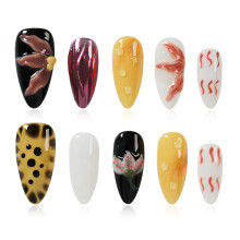 Tesytto Handgemaakte Persnagels met 3D Bloem & Waterdruppels - Luxe Multicolor Amandel Nepnagels - Herbruikbare Salon Kwaliteit Plaknagels voor Dames