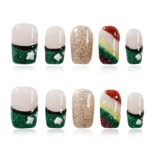 Tesytto Lange Coffin Press On Nails - Groene Glitter Franse Punt Nagels met Klaver & Regenboog Design, Salonkwaliteit