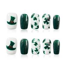 Tesytto Donkergroene Valse Nagels Lang Coffin - Glitter Nepnagels met 3D Klavertje en Gelukshoed Design