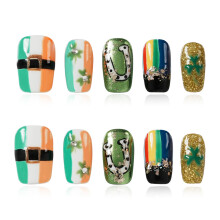 Tesytto Uñas Postizas Largas Coffin 3D Diseño Brillante Dorado - Uñas de Bandera Irlandesa con Trebol y Arcoiris