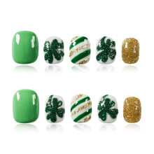 Tesytto Handgemaakte Korte Ronde Druknagels - Groene & Gouden Glitters met 3D Klavertje Vier Ontwerp