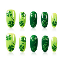 Tesytto Handgeschilderde Middelgrote Ovale Press On Nagels - Lente Zomer Groene Nagels met Klavertje Vier Ontwerp