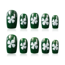 Tesytto Kurze Quadrat Press-on Nägel Handgemachte Grüne Glitter Fake Nails, Glücks Shamrock Designs, 10 Stk.