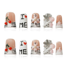 Tesytto Korte Eend Druk Nagels - 3D Bloemen Metalen Vlinders Franse Punt Valse Nagels met Zebra Stripe Print