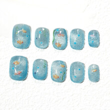 Sun&Beam Nägel Handgemachte Press-on Kurze Squoval Runde Blaue Cartoon Sommer Minimalistisch Design 10 Stk Set (#246 S)