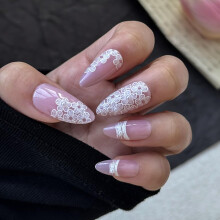 TEEKME Franse Amandel Druknagels, Nude Roze Valse Nagels met Witte Bloemenprint & Parelen, Herbruikbare Manicure Set 12 Maten (24st) TK-0