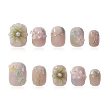 Tesytto 3D Bloemen Nagels Korte Rond - Handgemaakt Roze Gradiënt met Parel, Luxe Zachte Gel Herbruikbare Nepnagels (Zachte Bloem Parel Glans, L)
