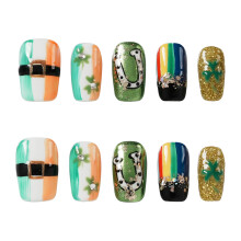 Tesytto Uñas Postizas de San Patricio Largas Coffin - Uñas Verde Blanco Naranja con Trébol y Diseño de Cinturón