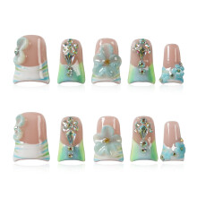 Tesytto Druk Nagels Handmade Korte Eend Luxe Nagels, Mintgroen Ombre Frans met 3D Bloem Decoraties