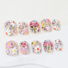 Sun&Beam Nails Handgemachte Press-on Kurze Squoval Runde Rosa Weiße Blume Frühling Handgemalte Design Falsche Nägel 10er Set (#273 M)