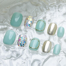 Sun&Beam Nails Handgjorda Press-on Korta Squoval Blå Guld Glittriga Minimalistiska Naglar 10 Pcs Set (#181 M)