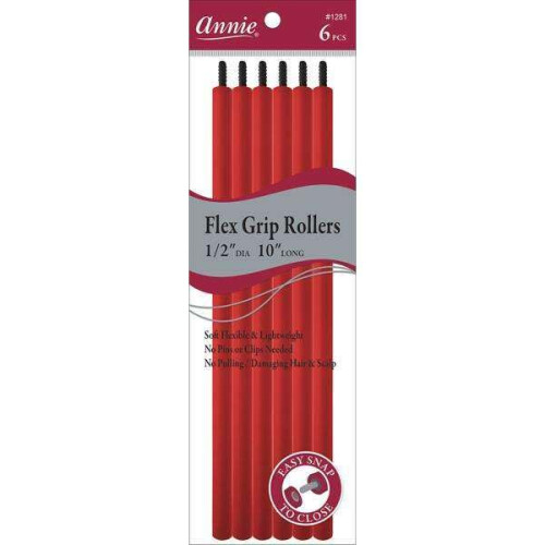 Annie Flex Grip Rollers 1/2in, 6 Stuks Extra Lange Hiteloze Haarkrullers, Rood