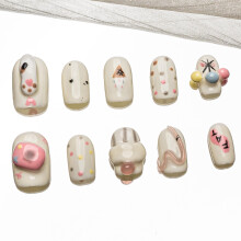 Sun&Beam Nails Handgemaakt Press-on Korte Squoval Rondroze Witte Blauwe Gele Cartoon 3D Kat Ontwerp Valse Nageltips 10 Stuks Set (#185 S)