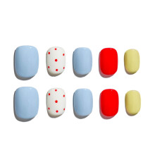 Sun&Beam Nägel Handgemachte Press-on Kurze Squoval Runde Blau Rot Weiß Gelb Punkt Minimalistisches Design 10 Pcs Set (#177 S)