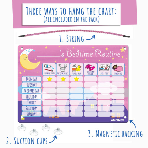 Children's Magnetic Bedtime Routine Reward Chart. Magnetic Sticker Chart. Reusable Wall Chart (Pink) 2