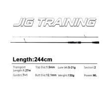 MIFINE Canne à pêche Spinning JIG TRAINING, 5-21G, Fibre de carbone, 2.44M