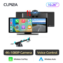 Junsun Dash Cam 10.26 pouces, Enregistreur Vidéo 4K avec Double Caméra Avant et Arrière, CarPlay et Android Auto sans fil, GPS