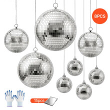 Set van 8 Zilveren Disco Ballen - Duoku - met Spiegel Facetten, Maten 100/150/200 mm, Voorzien van Ophangringen. voor Clubs