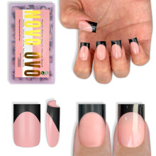 NOVO OVO Unghie Corte Quadrate Nere con Punta Francese Rosa Baby, Extra Spesse