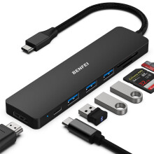 USB C HUB 7-in-1, USB-C HUB Multiport Adapter with HDMI (4K @ 60Hz Certified)/100W Power Delivery/3*USB 3.0 5Gbps/SD/TF Card Reader (160MB/s) for