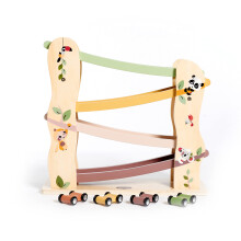 Wooden Race Car Ramp Toy, Zig Zag Car Slide Toy with 4 Easy-Roll Wooden Race Cars, Fine Motor Skills, Cognitive Development, Natural Design, 18+