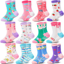 Baby Girls Toddlers Grips Socks Non Slip Anti Skid Funny Animal Cartoon Cosy Crew Cotton Gifts Socks 12 Pairs Stocking Fillers(Colorful Flowers,3-5 T)
