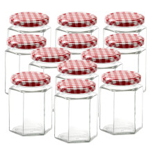 Small Glass Jars with Lids - 12 Pack Airtight 280ml Jam Jars with Red Gingham Lids for Use as Pickling Jars, Clear Airtight Jar for Kitchen Spices