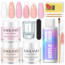 Saviland Acrylic Nail Kit: French Sculpture Set with Clear/Nude/Pink Powder and Liquid, Brush, Cuticle Oil for Professional DIY Nail Art - Beginner Se