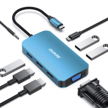 USB C MST HUB 8in1 with USB-C to 2*HDMI/1*VGA, to 3*USB 3.0/100W Power Delivery/3.5mm Aux Audio, Compatible with iPhone 15 series, MacBook Pro
