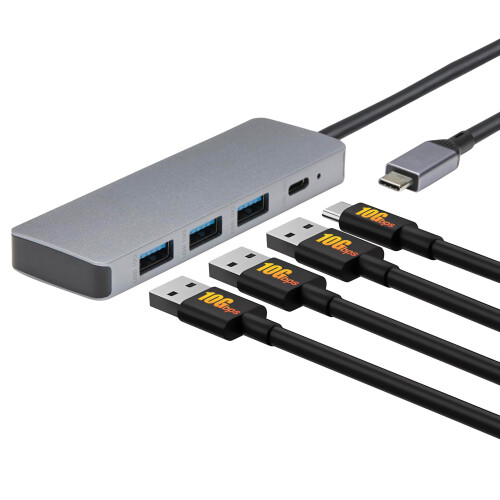USB 3.2/3.1 Gen 2 Hub Dock, 10 Gbps, USB-C to 1 x USB-C/3 x USB-A, Works with Windows/Mac, Silver, Black