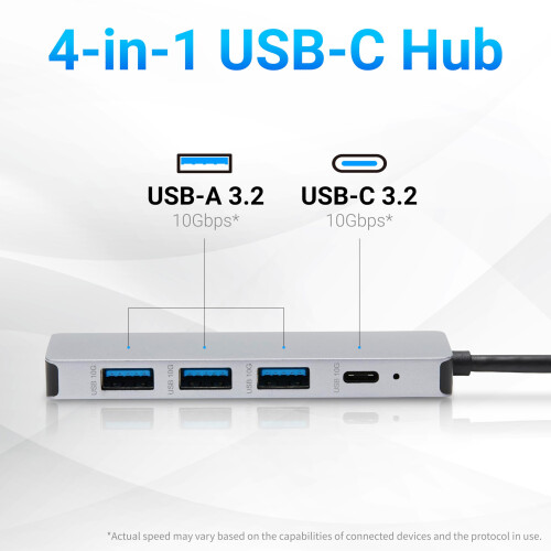 USB 3.2/3.1 Gen 2 Hub Dock, 10 Gbps, USB-C to 1 x USB-C/3 x USB-A, Works with Windows/Mac, Silver, Black 1