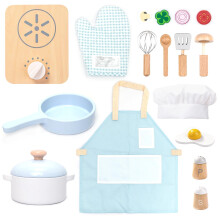 UMU Children's Wooden Cooking Set with Crockery (Pots and Pans), Apron, Food and More, Children's Kitchen Accessories for Role Play, 18-Piece