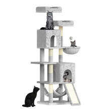 Dogat Tour d'escalade pour chat, Gris clair, 158cm, 7 poteaux Ă griffer, 2 maisons et 2 hamacs